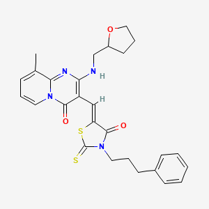 molecular formula C27H28N4O3S2 B12134595 9-methyl-3-{(Z)-[4-oxo-3-(3-phenylpropyl)-2-thioxo-1,3-thiazolidin-5-ylidene]methyl}-2-[(tetrahydrofuran-2-ylmethyl)amino]-4H-pyrido[1,2-a]pyrimidin-4-one 