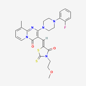 molecular formula C26H26FN5O3S2 B12134659 2-[4-(2-fluorophenyl)piperazin-1-yl]-3-{(Z)-[3-(2-methoxyethyl)-4-oxo-2-thioxo-1,3-thiazolidin-5-ylidene]methyl}-9-methyl-4H-pyrido[1,2-a]pyrimidin-4-one 