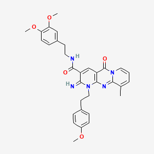 molecular formula C32H33N5O5 B12134740 N-[2-(3,4-dimethoxyphenyl)ethyl]-6-imino-7-[2-(4-methoxyphenyl)ethyl]-11-methyl-2-oxo-1,7,9-triazatricyclo[8.4.0.03,8]tetradeca-3(8),4,9,11,13-pentaene-5-carboxamide 