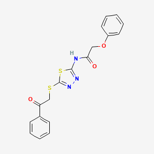 molecular formula C18H15N3O3S2 B12134753 N-{5-[(2-oxo-2-phenylethyl)sulfanyl]-1,3,4-thiadiazol-2-yl}-2-phenoxyacetamide 