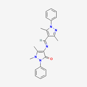 molecular formula C23H23N5O B12134824 4-{[(E)-(3,5-dimethyl-1-phenyl-1H-pyrazol-4-yl)methylidene]amino}-1,5-dimethyl-2-phenyl-1,2-dihydro-3H-pyrazol-3-one 