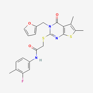 molecular formula C22H20FN3O3S2 B12135063 N-(3-fluoro-4-methylphenyl)-2-[3-(2-furylmethyl)-5,6-dimethyl-4-oxo(3-hydrothi opheno[2,3-d]pyrimidin-2-ylthio)]acetamide 