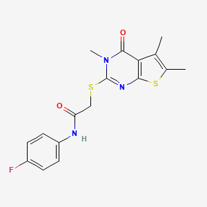 molecular formula C17H16FN3O2S2 B12135195 N-(4-fluorophenyl)-2-((3,5,6-trimethyl-4-oxo-3,4-dihydrothieno[2,3-d]pyrimidin-2-yl)thio)acetamide 