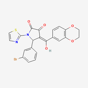 molecular formula C22H15BrN2O5S B12135277 (4E)-5-(3-bromophenyl)-4-[2,3-dihydro-1,4-benzodioxin-6-yl(hydroxy)methylidene]-1-(1,3-thiazol-2-yl)pyrrolidine-2,3-dione 