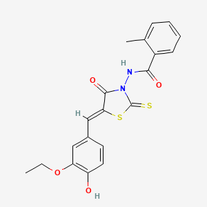 molecular formula C20H18N2O4S2 B12136042 N-[(5Z)-5-(3-ethoxy-4-hydroxybenzylidene)-4-oxo-2-thioxo-1,3-thiazolidin-3-yl]-2-methylbenzamide 
