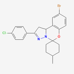 molecular formula C22H22BrClN2O B12136090 2-bromo-9-(4-chlorophenyl)-14-methylspiro[10aH-benzo[e]2-pyrazolino[1,5-c]1,3-oxazine-6,4'-cyclohexane] 