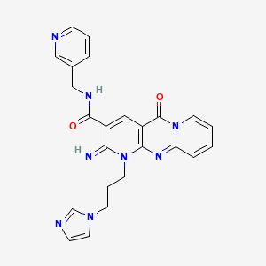 molecular formula C24H22N8O2 B12136126 7-[3-(1H-imidazol-1-yl)propyl]-6-imino-2-oxo-N-[(pyridin-3-yl)methyl]-1,7,9-triazatricyclo[8.4.0.0^{3,8}]tetradeca-3(8),4,9,11,13-pentaene-5-carboxamide 
