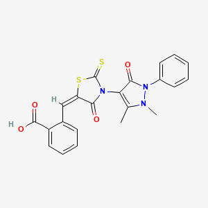 molecular formula C22H17N3O4S2 B12136228 (E)-2-((3-(1,5-dimethyl-3-oxo-2-phenyl-2,3-dihydro-1H-pyrazol-4-yl)-4-oxo-2-thioxothiazolidin-5-ylidene)methyl)benzoic acid 