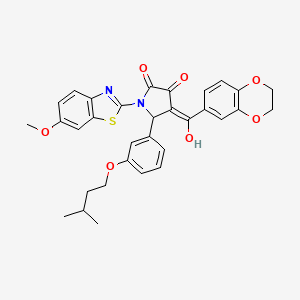 molecular formula C32H30N2O7S B12136485 (4E)-4-[2,3-dihydro-1,4-benzodioxin-6-yl(hydroxy)methylidene]-1-(6-methoxy-1,3-benzothiazol-2-yl)-5-[3-(3-methylbutoxy)phenyl]pyrrolidine-2,3-dione 