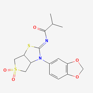 molecular formula C16H18N2O5S2 B12137011 N-[(2E)-3-(1,3-benzodioxol-5-yl)-5,5-dioxidotetrahydrothieno[3,4-d][1,3]thiazol-2(3H)-ylidene]-2-methylpropanamide 