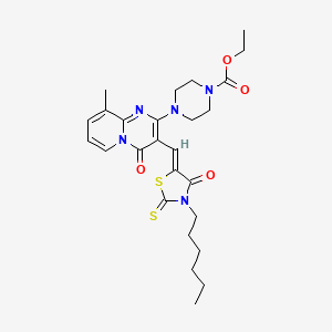 molecular formula C26H33N5O4S2 B12137063 ethyl 4-{3-[(Z)-(3-hexyl-4-oxo-2-thioxo-1,3-thiazolidin-5-ylidene)methyl]-9-methyl-4-oxo-4H-pyrido[1,2-a]pyrimidin-2-yl}piperazine-1-carboxylate 