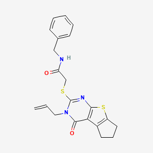 molecular formula C21H21N3O2S2 B12137362 N-benzyl-2-{[12-oxo-11-(prop-2-en-1-yl)-7-thia-9,11-diazatricyclo[6.4.0.0^{2,6}]dodeca-1(8),2(6),9-trien-10-yl]sulfanyl}acetamide 