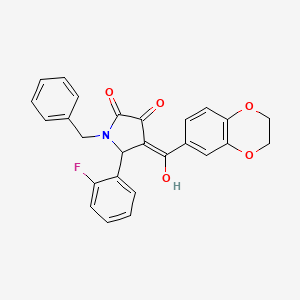 molecular formula C26H20FNO5 B12137604 (4E)-1-benzyl-4-[2,3-dihydro-1,4-benzodioxin-6-yl(hydroxy)methylidene]-5-(2-fluorophenyl)pyrrolidine-2,3-dione 