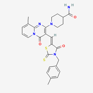 molecular formula C27H27N5O3S2 B12137704 (Z)-1-(9-methyl-3-((3-(4-methylbenzyl)-4-oxo-2-thioxothiazolidin-5-ylidene)methyl)-4-oxo-4H-pyrido[1,2-a]pyrimidin-2-yl)piperidine-4-carboxamide 
