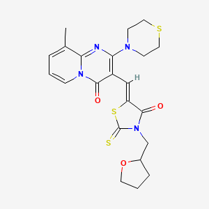 molecular formula C22H24N4O3S3 B12137799 9-methyl-3-{(Z)-[4-oxo-3-(tetrahydrofuran-2-ylmethyl)-2-thioxo-1,3-thiazolidin-5-ylidene]methyl}-2-(thiomorpholin-4-yl)-4H-pyrido[1,2-a]pyrimidin-4-one 