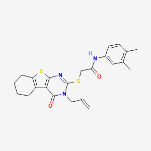 molecular formula C23H25N3O2S2 B12137981 N-(3,4-dimethylphenyl)-2-{[4-oxo-3-(prop-2-en-1-yl)-3,4,5,6,7,8-hexahydro[1]benzothieno[2,3-d]pyrimidin-2-yl]sulfanyl}acetamide 