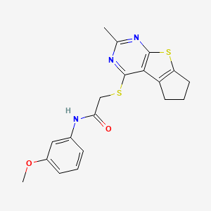 molecular formula C19H19N3O2S2 B12138065 N-(3-methoxyphenyl)-2-(2-methyl(5,6,7-trihydrocyclopenta[2,1-d]pyrimidino[4,5-b]thiophen-4-ylthio))acetamide 