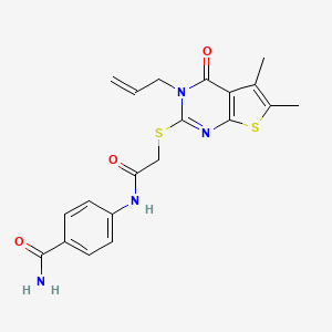 molecular formula C20H20N4O3S2 B12138238 4-(2-{[5,6-dimethyl-4-oxo-3-(prop-2-en-1-yl)-3H,4H-thieno[2,3-d]pyrimidin-2-yl]sulfanyl}acetamido)benzamide 