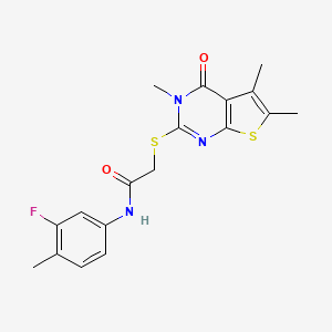 molecular formula C18H18FN3O2S2 B12138249 N-(3-fluoro-4-methylphenyl)-2-[(3,5,6-trimethyl-4-oxo-3,4-dihydrothieno[2,3-d]pyrimidin-2-yl)sulfanyl]acetamide 