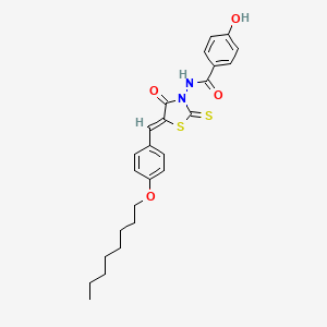 molecular formula C25H28N2O4S2 B12138303 4-hydroxy-N-{(5Z)-5-[4-(octyloxy)benzylidene]-4-oxo-2-thioxo-1,3-thiazolidin-3-yl}benzamide 