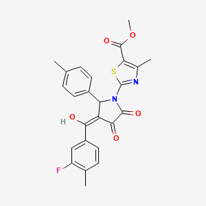 molecular formula C25H21FN2O5S B12138359 Methyl 2-[3-[(3-fluoro-4-methylphenyl)-hydroxymethylidene]-2-(4-methylphenyl)-4,5-dioxopyrrolidin-1-yl]-4-methyl-1,3-thiazole-5-carboxylate CAS No. 618072-59-6