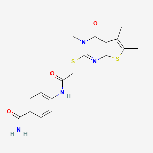 molecular formula C18H18N4O3S2 B12138398 4-({[(3,5,6-Trimethyl-4-oxo-3,4-dihydrothieno[2,3-d]pyrimidin-2-yl)sulfanyl]acetyl}amino)benzamide 