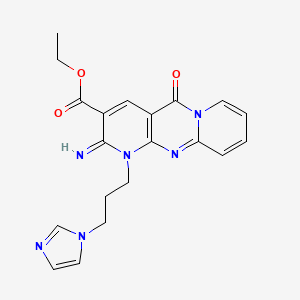 molecular formula C20H20N6O3 B12138442 ethyl 7-[3-(1H-imidazol-1-yl)propyl]-6-imino-2-oxo-1,7,9-triazatricyclo[8.4.0.0^{3,8}]tetradeca-3(8),4,9,11,13-pentaene-5-carboxylate 