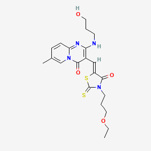 molecular formula C21H26N4O4S2 B12138633 3-{(Z)-[3-(3-ethoxypropyl)-4-oxo-2-thioxo-1,3-thiazolidin-5-ylidene]methyl}-2-[(3-hydroxypropyl)amino]-7-methyl-4H-pyrido[1,2-a]pyrimidin-4-one 