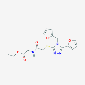 molecular formula C17H18N4O5S B12139126 Ethyl 2-{2-[5-(2-furyl)-4-(2-furylmethyl)-1,2,4-triazol-3-ylthio]acetylamino}a cetate 