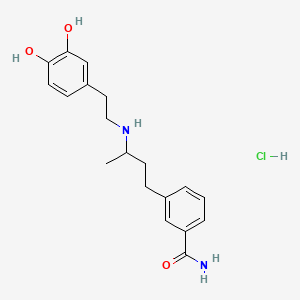 molecular formula C19H25ClN2O3 B1213922 N-(2-(3,4-Dihydroxyphenyl)ethyl)-1-methyl-3-(3-carbamoylphenyl)propylamine HCl CAS No. 99450-04-1