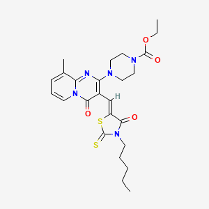 molecular formula C25H31N5O4S2 B12139339 ethyl 4-{9-methyl-4-oxo-3-[(Z)-(4-oxo-3-pentyl-2-thioxo-1,3-thiazolidin-5-ylidene)methyl]-4H-pyrido[1,2-a]pyrimidin-2-yl}piperazine-1-carboxylate 