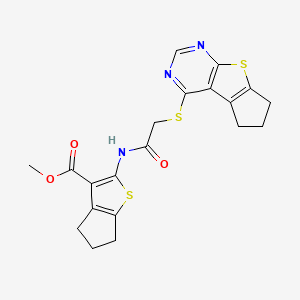 molecular formula C20H19N3O3S3 B12139360 methyl 2-(2-{7-thia-9,11-diazatricyclo[6.4.0.0^{2,6}]dodeca-1(12),2(6),8,10-tetraen-12-ylsulfanyl}acetamido)-4H,5H,6H-cyclopenta[b]thiophene-3-carboxylate 