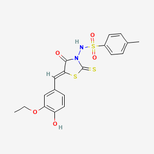 molecular formula C19H18N2O5S3 B12139511 N-[(5Z)-5-(3-ethoxy-4-hydroxybenzylidene)-4-oxo-2-thioxo-1,3-thiazolidin-3-yl]-4-methylbenzenesulfonamide 