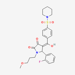 molecular formula C26H29FN2O6S B12139764 (4E)-5-(2-fluorophenyl)-4-{hydroxy[4-(piperidin-1-ylsulfonyl)phenyl]methylidene}-1-(3-methoxypropyl)pyrrolidine-2,3-dione 