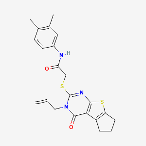 molecular formula C22H23N3O2S2 B12139941 N-(3,4-dimethylphenyl)-2-{[12-oxo-11-(prop-2-en-1-yl)-7-thia-9,11-diazatricyclo[6.4.0.0^{2,6}]dodeca-1(8),2(6),9-trien-10-yl]sulfanyl}acetamide 