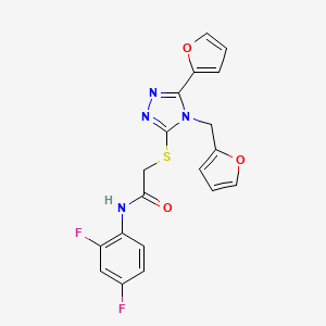 molecular formula C19H14F2N4O3S B12140319 N-(2,4-difluorophenyl)-2-{[5-(furan-2-yl)-4-(furan-2-ylmethyl)-4H-1,2,4-triazol-3-yl]sulfanyl}acetamide 