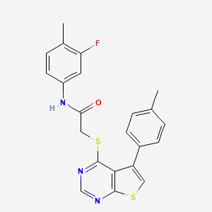 molecular formula C22H18FN3OS2 B12140511 N-(3-fluoro-4-methylphenyl)-2-{[5-(4-methylphenyl)thieno[2,3-d]pyrimidin-4-yl]sulfanyl}acetamide 