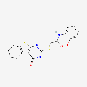 molecular formula C20H21N3O3S2 B12140814 N-(2-methoxyphenyl)-2-(3-methyl-4-oxo(3,5,6,7,8-pentahydrobenzo[b]thiopheno[2, 3-d]pyrimidin-2-ylthio))acetamide 