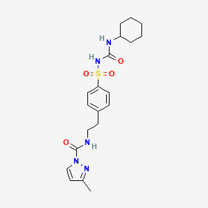 molecular formula C20H27N5O4S B1214141 1H-Pyrazole-1-carboxamide, N-(2-(4-((((cyclohexylamino)carbonyl)amino)sulfonyl)phenyl)ethyl)-3-methyl- CAS No. 67514-88-9
