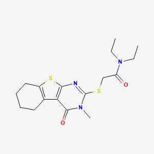 molecular formula C17H23N3O2S2 B12141488 N,N-diethyl-2-({4-methyl-3-oxo-8-thia-4,6-diazatricyclo[7.4.0.0^{2,7}]trideca-1(9),2(7),5-trien-5-yl}sulfanyl)acetamide 