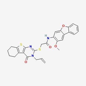 molecular formula C28H25N3O4S2 B12141851 Acetamide,2-[[3,4,5,6,7,8-hexahydro-4-oxo-3-(2-allyl)[1]benzothieno[2,3-D]pyrimidin-2-YL]thio]-N-(2-methoxy-3-dibenzofuranyl)- 