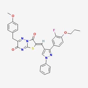molecular formula C32H26FN5O4S B12142019 (2Z)-2-{[3-(3-fluoro-4-propoxyphenyl)-1-phenyl-1H-pyrazol-4-yl]methylidene}-6-(4-methoxybenzyl)-7H-[1,3]thiazolo[3,2-b][1,2,4]triazine-3,7(2H)-dione 