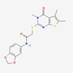 molecular formula C18H17N3O4S2 B12142113 N-(1,3-benzodioxol-5-yl)-2-[(3,5,6-trimethyl-4-oxo-3,4-dihydrothieno[2,3-d]pyrimidin-2-yl)sulfanyl]acetamide 