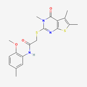 molecular formula C19H21N3O3S2 B12142267 N-(2-methoxy-5-methylphenyl)-2-(3,5,6-trimethyl-4-oxo(3-hydrothiopheno[2,3-d]p yrimidin-2-ylthio))acetamide 