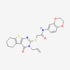 molecular formula C23H23N3O4S2 B12142306 N-(2,3-dihydro-1,4-benzodioxin-6-yl)-2-{[4-oxo-3-(prop-2-en-1-yl)-3,4,5,6,7,8-hexahydro[1]benzothieno[2,3-d]pyrimidin-2-yl]sulfanyl}acetamide 