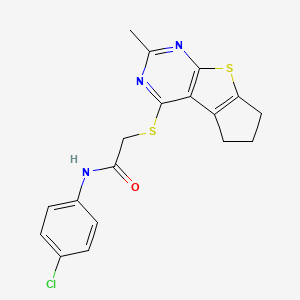 molecular formula C18H16ClN3OS2 B12142403 N-(4-chlorophenyl)-2-({10-methyl-7-thia-9,11-diazatricyclo[6.4.0.0^{2,6}]dodeca-1(8),2(6),9,11-tetraen-12-yl}sulfanyl)acetamide 