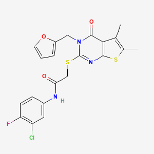 molecular formula C21H17ClFN3O3S2 B12143038 N-(3-chloro-4-fluorophenyl)-2-{[3-(furan-2-ylmethyl)-5,6-dimethyl-4-oxo-3,4-dihydrothieno[2,3-d]pyrimidin-2-yl]sulfanyl}acetamide 