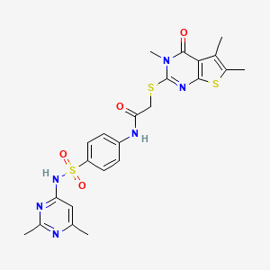 molecular formula C23H24N6O4S3 B12143700 N-{4-[(2,6-dimethylpyrimidin-4-yl)sulfamoyl]phenyl}-2-[(3,5,6-trimethyl-4-oxo-3,4-dihydrothieno[2,3-d]pyrimidin-2-yl)sulfanyl]acetamide 