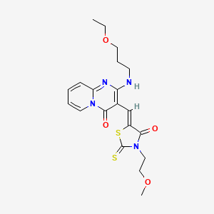 molecular formula C20H24N4O4S2 B12144245 2-[(3-ethoxypropyl)amino]-3-{(Z)-[3-(2-methoxyethyl)-4-oxo-2-thioxo-1,3-thiazolidin-5-ylidene]methyl}-4H-pyrido[1,2-a]pyrimidin-4-one 