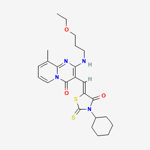 molecular formula C24H30N4O3S2 B12144285 3-[(Z)-(3-cyclohexyl-4-oxo-2-thioxo-1,3-thiazolidin-5-ylidene)methyl]-2-[(3-ethoxypropyl)amino]-9-methyl-4H-pyrido[1,2-a]pyrimidin-4-one 